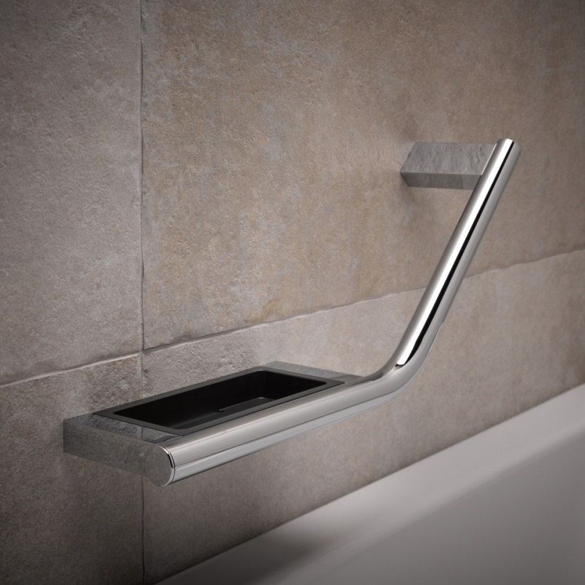 Close up product image of the Keuco Plan Angled Grab Rail with Soap Dish 14909 011037